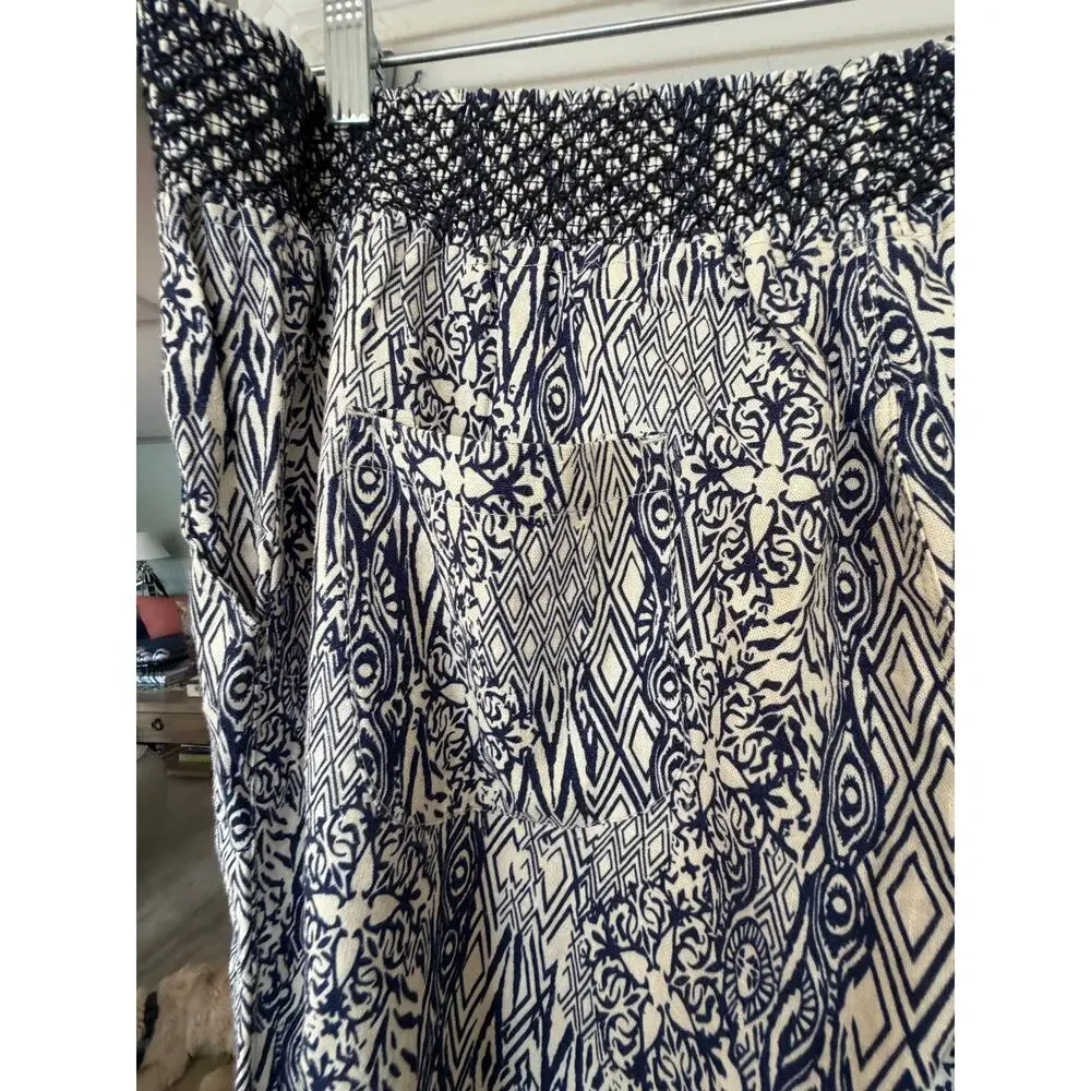 Casey Key 1X Blue White Boho Wide Leg Palazzo Pants Smocked Waist Coastal